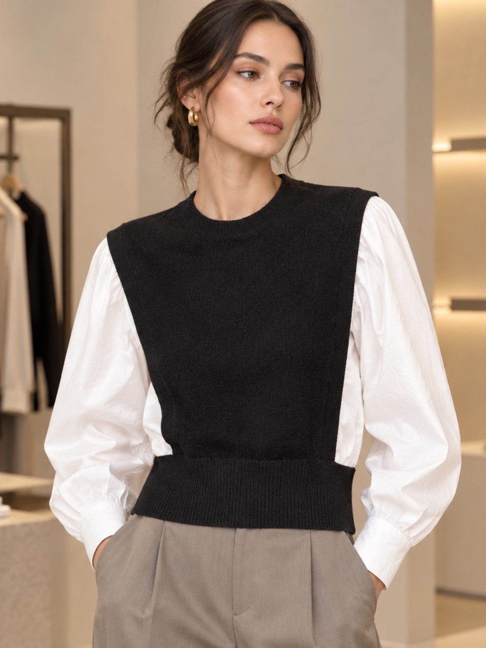 Kenneth Cole Black and White Scoop Neck Mixed-Media Long Sleeves Combo Sweater
